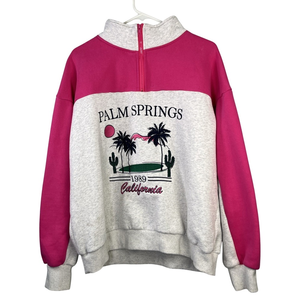 Palm Springs  Graphic Quarter Zip Pullover‎ Women L Gray Pink Retro Sporty Chic